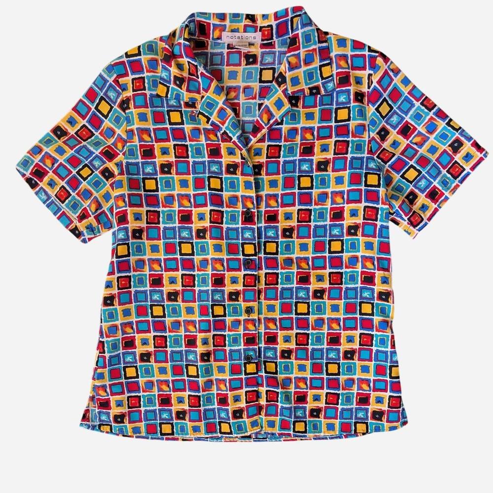 1990s Colorblock Geometric Square Print Button Down Shirt Vintage M